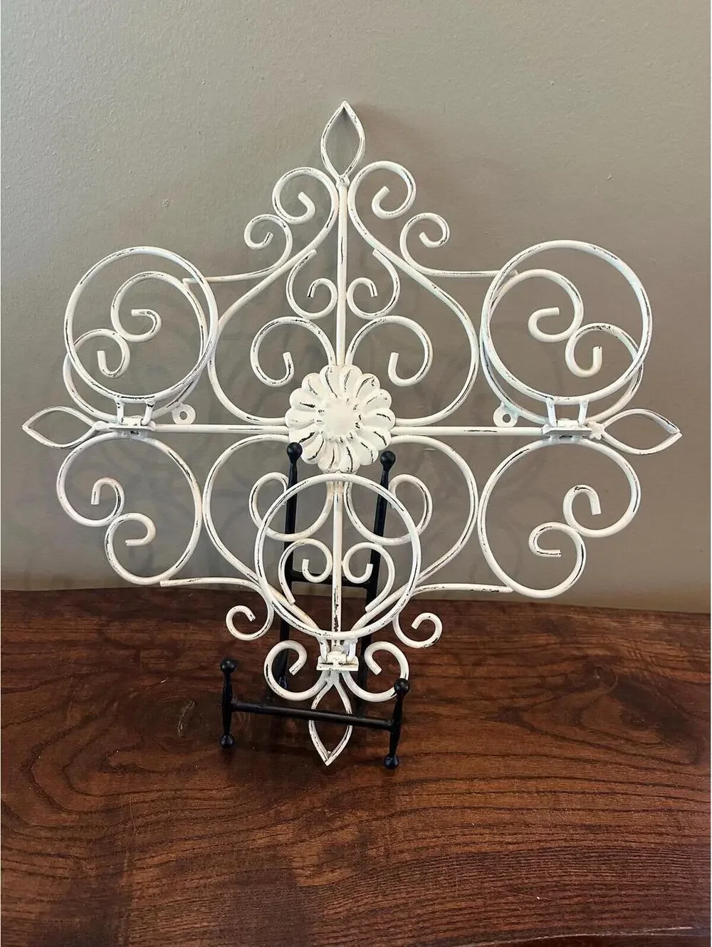 Vintage Cream Metal Ornate Scroll Plant Holder Wall Decor